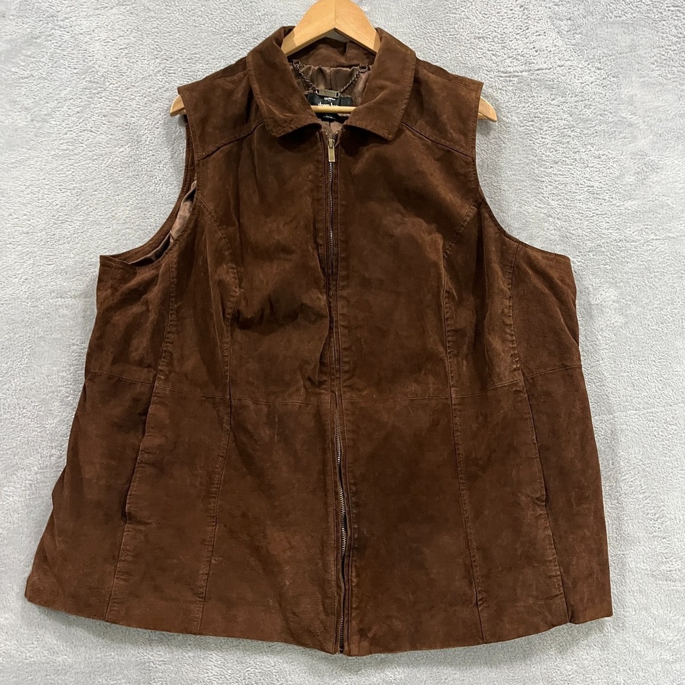 Dennis By Dennis Basso Vest Womens 3X Brown Leather Lined Full Zip Suede